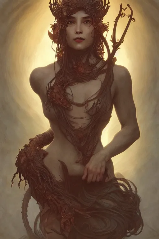 Image similar to Portrait of an anthropomorphic dragon-woman witch, cinematic lighting, intricate, rugged, highly detailed, digital painting, artstation, smooth, sharp focus, illustration, art by artgerm and greg rutkowski and alphonse mucha and Wayne Barlowe and william-adolphe bouguereau