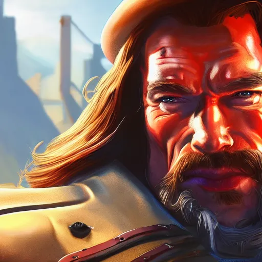 Image similar to a screenshot of arnold schwarzenegger as mccree in overwatch, portrait, fantasy, beautiful face, vivid colors, elegant, concept art, sharp focus, digital art, hyper - realistic, 4 k, unreal engine, highly detailed, hd, dramatic lighting by brom, trending on artstation