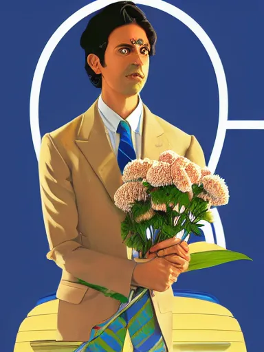 Prompt: artwork by Michael Whelan, Bob Larkin and Tomer Hanuka, of a solo individual portrait of an Indian guy with carnations, dapper, simple illustration, domestic, nostalgic, full of details, by Makoto Shinkai and thomas kinkade, wes anderson, wes anderson, wes anderson, wes anderson, wes anderson, Matte painting, trending on artstation and unreal engine