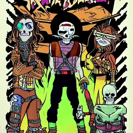 Prompt: Captain Planet, skull head, post-apocalypse, grunge, 80's cartoon
