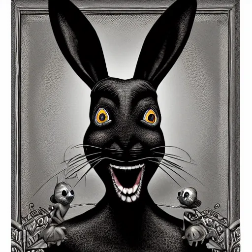 Image similar to A extremely highly detailed majestic hi-res beautiful, highly detailed head and shoulders portrait of a scary terrifying, horrifying, creepy black cartoon rabbit with scary big eyes, earing a shirt laughing, hey buddy, let's be friends, in the art style of Walt Disney