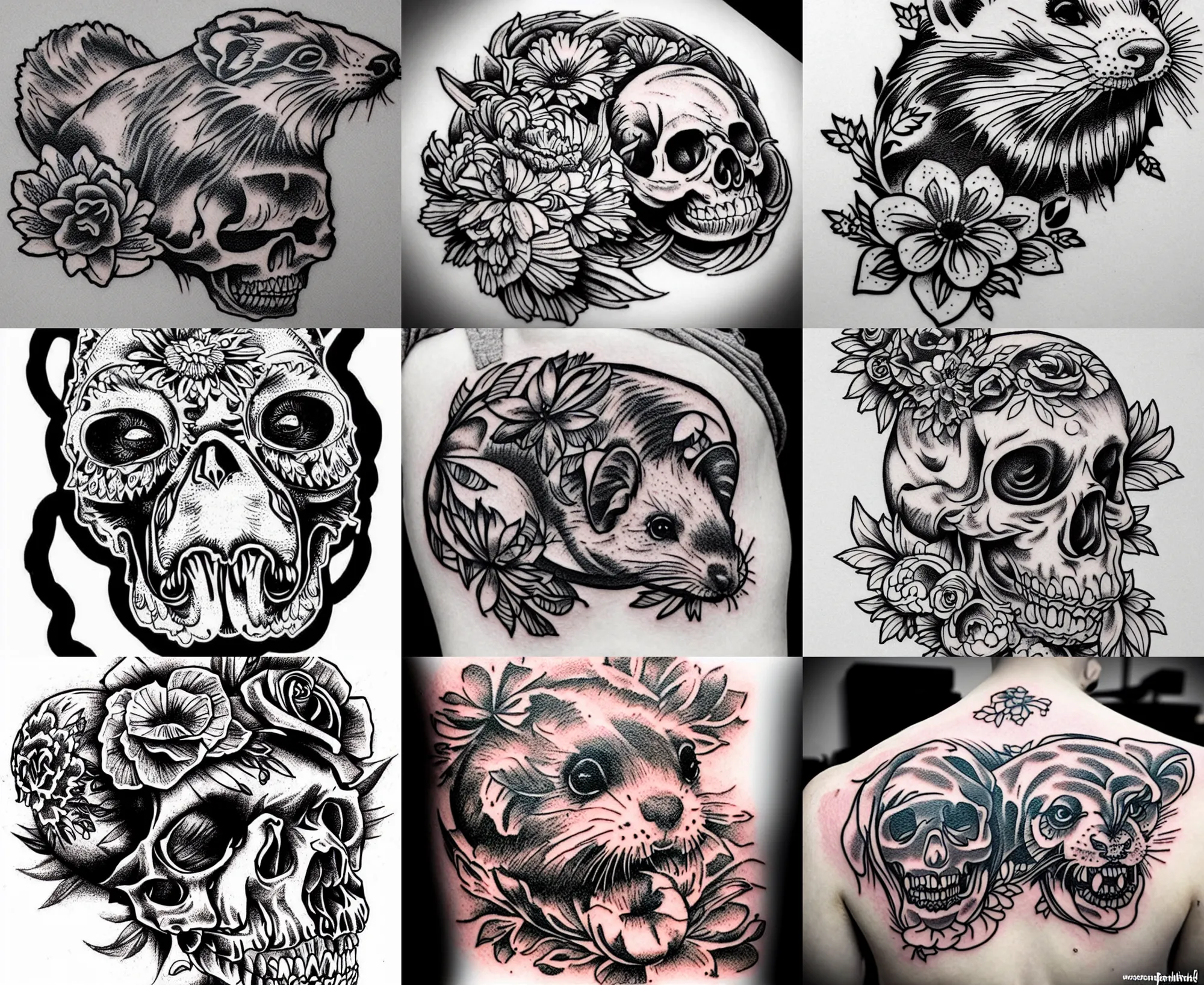 Image similar to detailed amazing tattoo stencil of a floral ferret crawling on a human skull