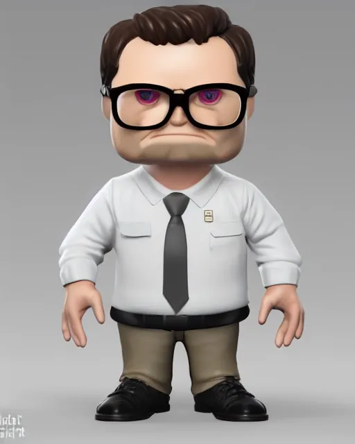 Image similar to full body 3d render of Dwight Schrute as a funko pop, studio lighting, white background, blender, trending on artstation, 8k, highly detailed