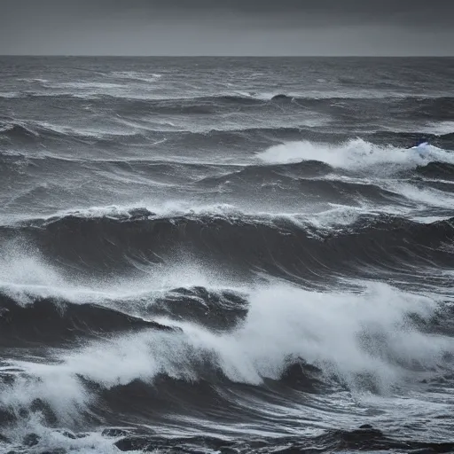 Image similar to dark ocean, towering waves, grey - scale, highly turbulent, deep focus, dark sky, high point of view