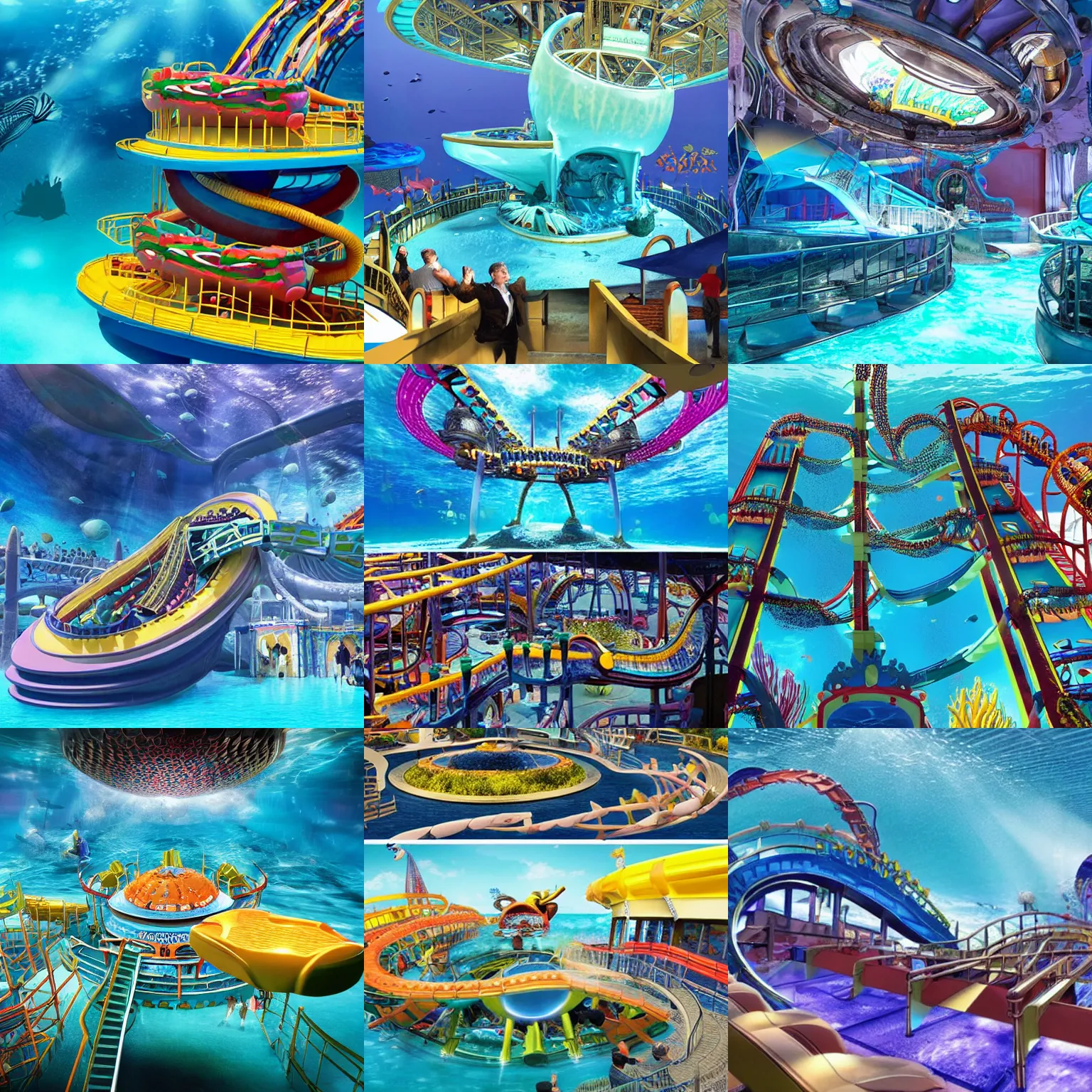 Prompt: an amusement park ride that takes place deep underwater and is built on the idea of atlantis