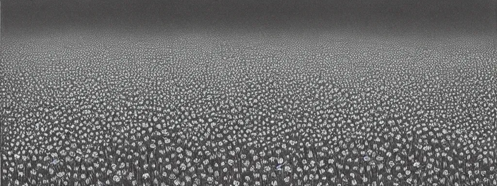 Image similar to A serene flower field at night by Kentaro Miura, highly detailed, black and white