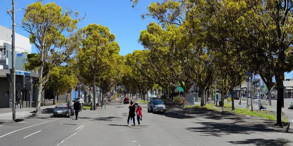 Prompt: a street in a new zealand city where the roads have been replaced by wetlands filled with flowering new zealand flax. tui birds drink nectar. google street view. very windy day. people walking on the footpath