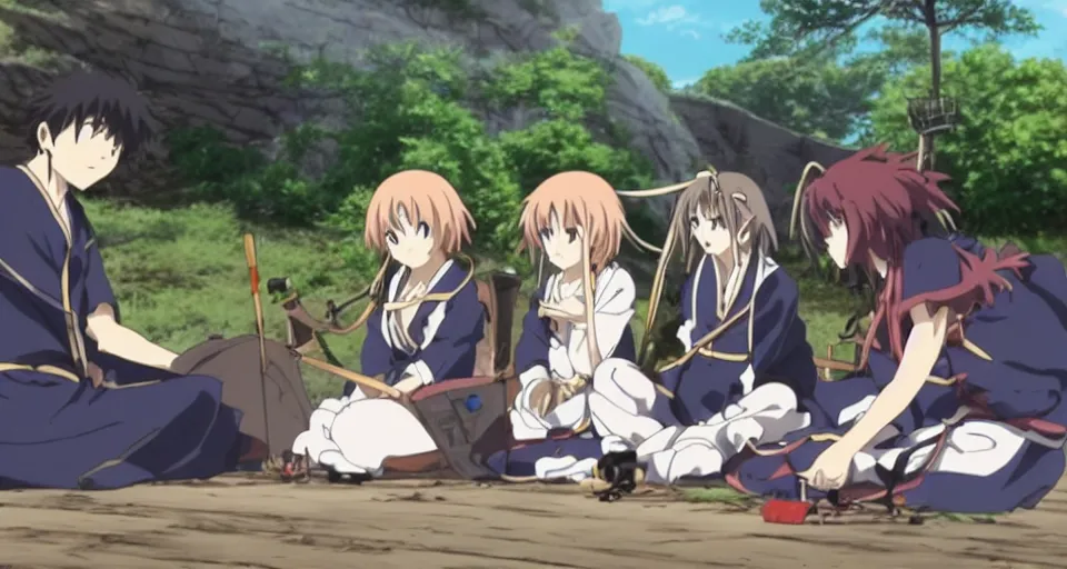 Prompt: Still from a Kyoto Animation anime of a fighter, a mage and a thief resting at camp after a successful adventure