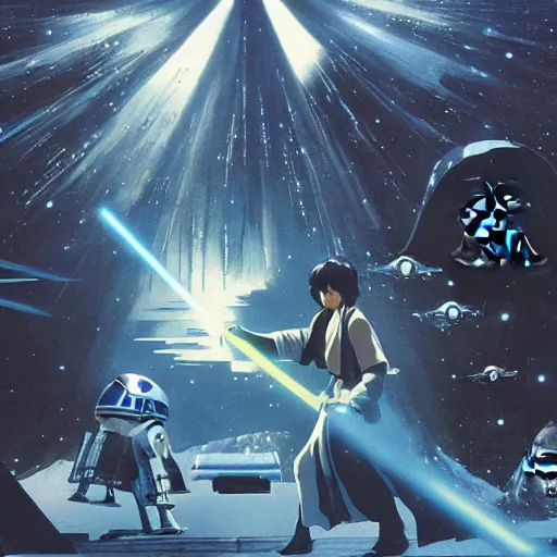 Image similar to film still of Star Wars Return of the Jedi Artwork by Dice Tsutsumi, Makoto Shinkai, Studio Ghibli