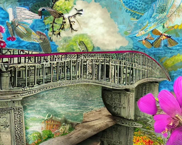 Image similar to detailed bridge with unexpected maximalist elements. 8x HD mixed media 3D collage in the style of an hyperdetailed childbook illustration in soft natural tones. matte background no frame HD