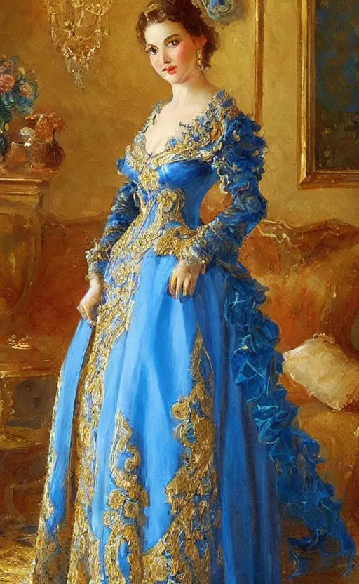 Image similar to Elegant laydy in blue baroque dress with gold ornaments. By Konstantin Razumov, highly detailded