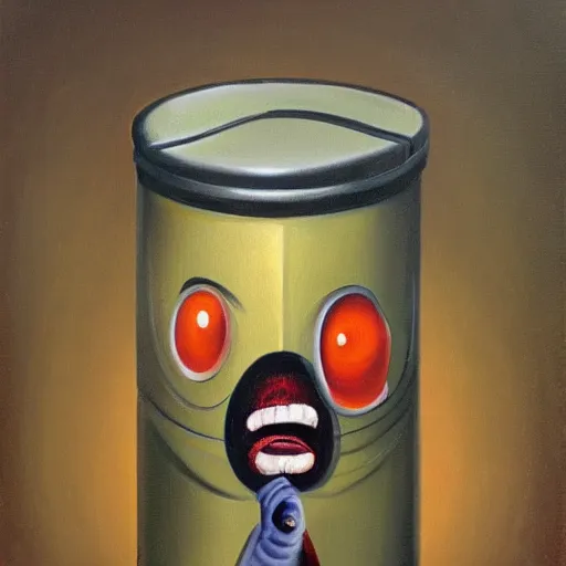 Image similar to a tin can character with a face and arms, opening its mouth, surrealist oil painting