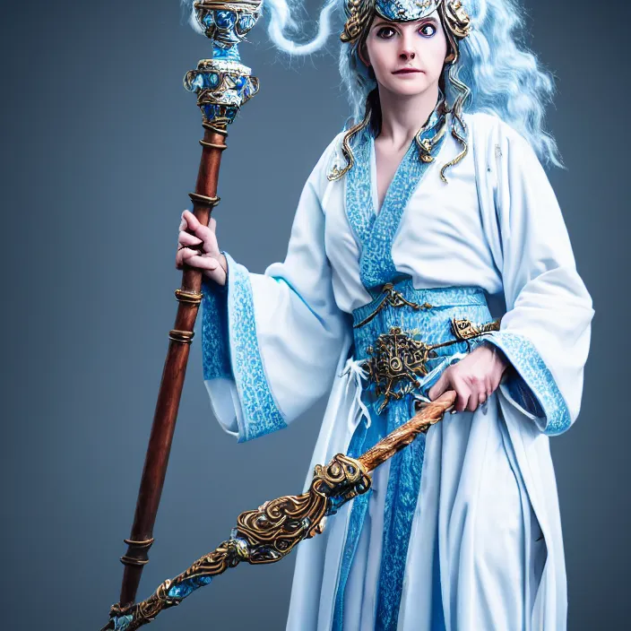 Image similar to photograph of a real-life beautiful sky witch with ornate white and light blue robes and staff. Extremely detailed. 8k