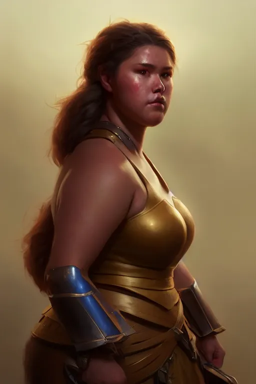 Image similar to portrait of a beautiful chonky young female warrior in the middle of a fight as drawn by eric anthony johnson ericanthonyj artstation artgerm greg rutkowski and magali villeneuve 8 k subsurface scattering, soft light