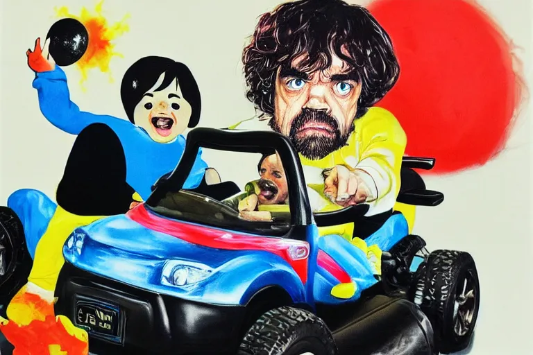 Prompt: black velvet painting of peter dinklage driving a little tikes crazy coupe