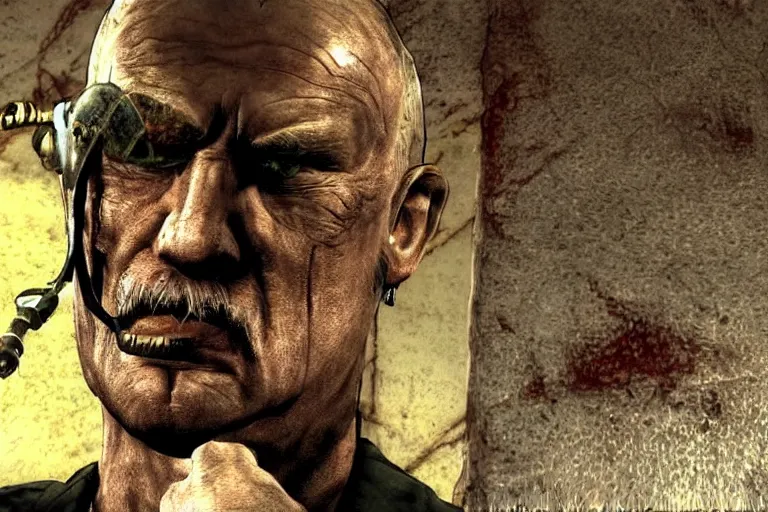 Prompt: Close up screenshot of Janusz Korwin-Mikke centered on his face in the game Fallout: New Vegas (2010), screenshot of a dialog from Fallout: New Vegas (2010)