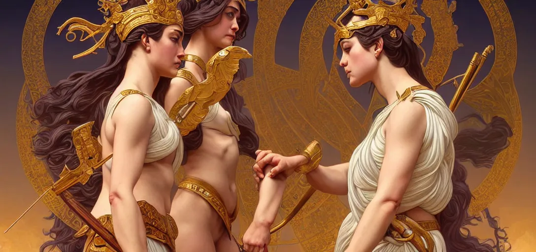 Image similar to symmetry!! intense fanart of 3 / 4 front pose of athena the goddess of war next to aphrodite the goddess of love, intricate, elegant, highly detailed, my rendition, digital painting, artstation, concept art, smooth, sharp focus, illustration, art by artgerm and greg rutkowski and alphonse mucha