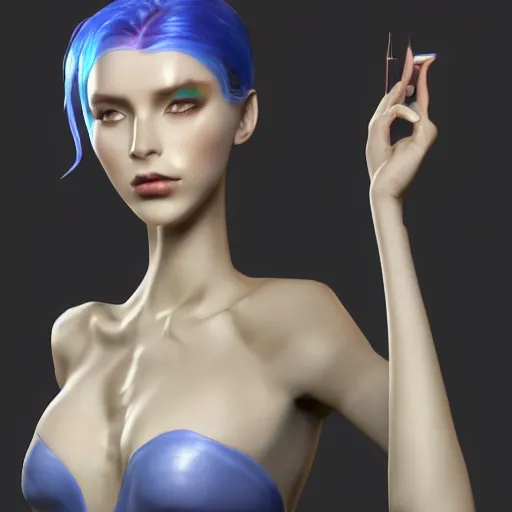 Image similar to a full shot of CGI Jinx, blue well-groomed ponytail, elegant refined face, not wearing many clothes, Body Shape (Slender), from Arcane League of Legends, digital art, 3d rendered model, exquisite detail, polished, post-processing, photo-shopped, low angle, octane render, unreal engine, hyper realism, cinematic, trending on ArtStation, 8k, High contrast, by Roger Magrini