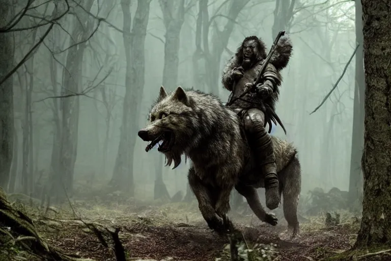 Image similar to vfx movie closeup detailed ancient armored warrior orc hunting riding large wolf in the forest, natural lighting by emmanuel lubezki