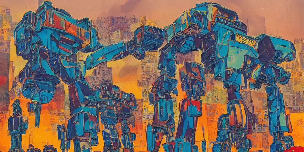 Image similar to colourful - damaged - giant mecha ROBOT of AJEGUNLE SLUMS in Lagos, markings on robot, Golden Hour, in the style Alex ross,