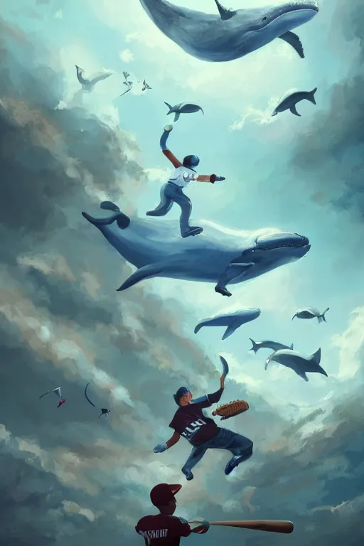 Image similar to people playing baseball while whales fly in the sky, digital art, artstation trending, digital painting