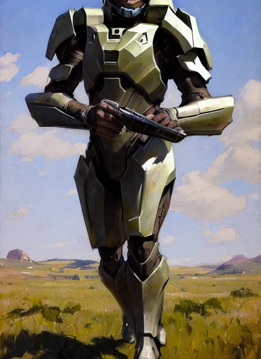 Image similar to Greg Manchess painting of a humanizedCorgian wearing Forerunner Armor from Halo, countryside, calm, fantasy character portrait, dynamic pose, above view, sunny day, artwork by Jeremy Lipkin and Giuseppe Dangelico Pino and Michael Garmash and Rob Rey, very coherent asymmetrical artwork, sharp edges, perfect face, simple form, 100mm