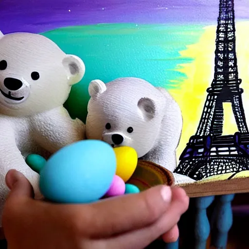 Image similar to A polar bear painting Easter Eggs in front of the Eiffel Tower