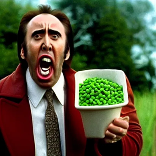 Prompt: nicolas cage screaming with a mouth full of peas, movie still, the wicker man