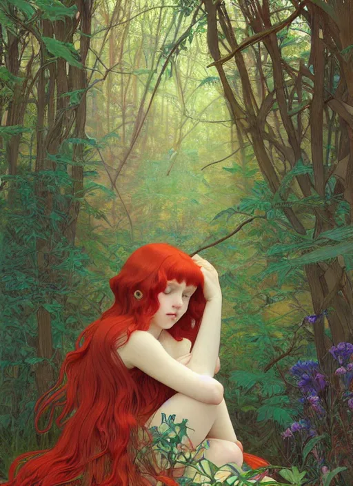 Prompt: pretty young woman resembling millie bobby brown with long red hair asleep in the forest, path traced, highly detailed, high quality, digital painting, by studio ghibli and alphonse mucha, leesha hannigan, hidari, art nouveau, chiho aoshima, jules bastien - lepage