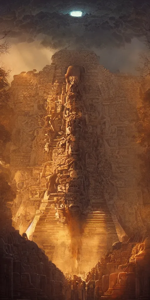 Image similar to symmetry!! people worshipping the mayan gods, surreal landscape, golden hour, very detailed, perfect composition, perfect lighting, 4 k, trending on artstation, greg rutkowski, derek zabrocki, artgerm, chuck close, ruan jia