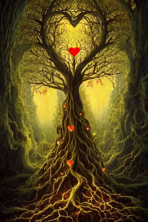 Prompt: a beautiful digital illustration painting of a detailed gothic fantasy fireflies and roots, fantasy tree with heart carved into the bark by benoit b. mandelbrot, steven belledin, martin johnson heade, lee madgwick, caspar david friedrich, and david rios ferreira. 8 k resolution trending on artstation concept art digital illustration