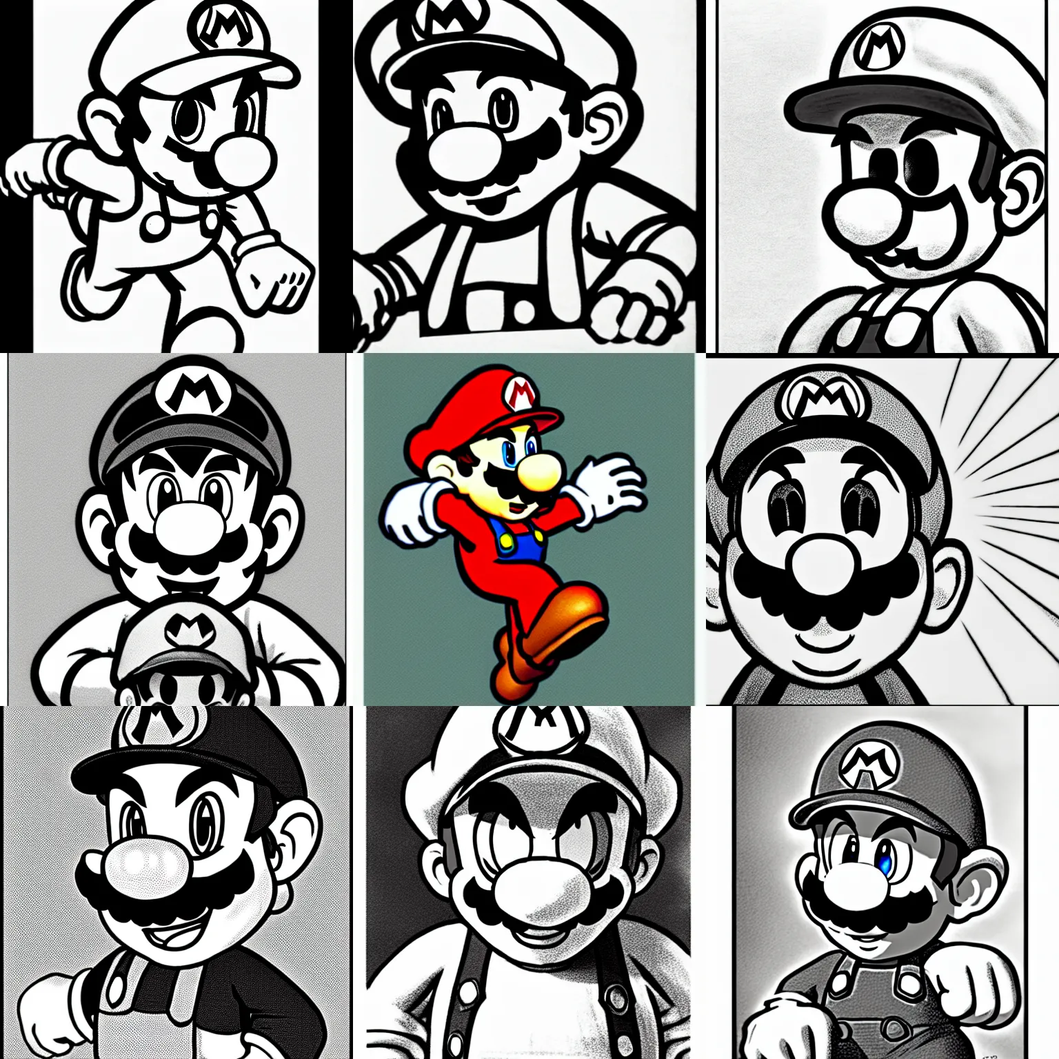 Prompt: epic shaded pencil art of super mario approaching the viewer, cold focused stare, striking artstyle, shonen manga panel