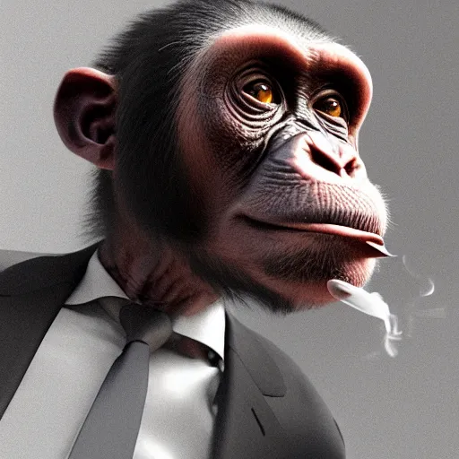 Image similar to a high detail shot of a chimp wearing a suit, smoking a cigar, render, cgsociety, photorealism