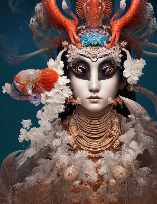 Image similar to 3 d goddess close - up 3 / 4 portrait with ram skull. beautiful intricately detailed japanese crow kitsune mask and clasical japanese kimono. betta fish, jellyfish phoenix, bio luminescent, plasma, ice, water, wind, creature, artwork by tooth wu and wlop and beeple and greg rutkowski