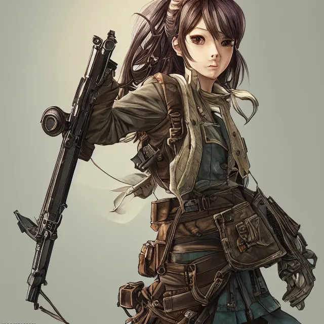 Image similar to the portrait of lawful neutral semi - colorful female infantry gunner as absurdly beautiful, gorgeous, elegant, young anime girl, an ultrafine hyperdetailed illustration by kim jung gi, irakli nadar, intricate linework, bright colors, octopath traveler, final fantasy, unreal engine 5 highly rendered, global illumination, radiant light, detailed and intricate environment