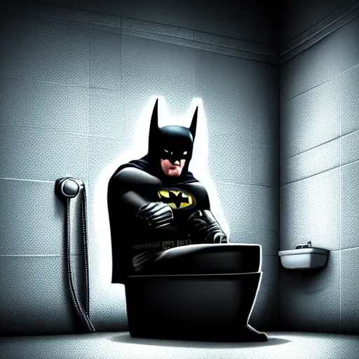 Prompt: low - angle shot from the ground of batman sitting on a toilet, dirty tiles in the wall, claustrophobic room, hyperrealistic comic digital art, dramatic lights, realistic, very very detailed, 4 k, dark colours