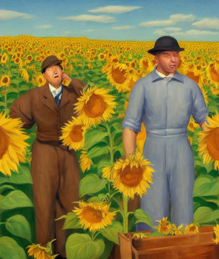 Image similar to a portrait painting of a man in an oranger prisoner overall, standing in beautiful sunflower field, screaming and sad, highly detailed, aesthetic stars in the sky, in the style of edward hopper, very fine brush strokes, 4 k,