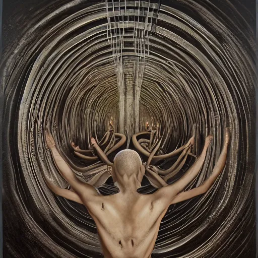 Image similar to enso, multiple exposure by chris leib manmade. in the center of the print is a large gateway that seems to lead into abyss of darkness. on either side of the gateway are two figures, one a demon - like creature, the other a skeletal figure.