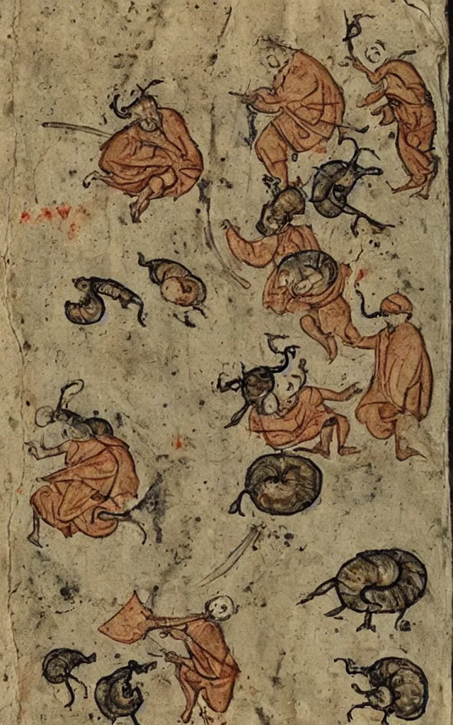 Prompt: snails biting and chasing a poor monk frail manuscript medieval marginalia, masterpiece