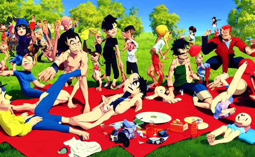 Prompt: a crash dummy flops onto a family picnic, digital painting masterpiece, advanced lighting technology, stylized yet realistic anatomy and faces, gorgeous, by reiq and jamie hewlett and bengus and akiman and shigenori soejima and bastien vives and balak and michael sanlaville, 4 k wallpaper