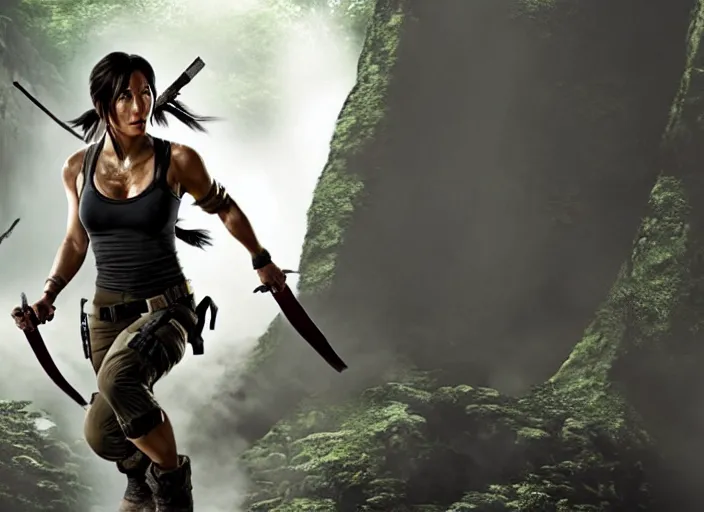 Image similar to film still of jackie chan as lara croft in new tomb raider movie, 8 k