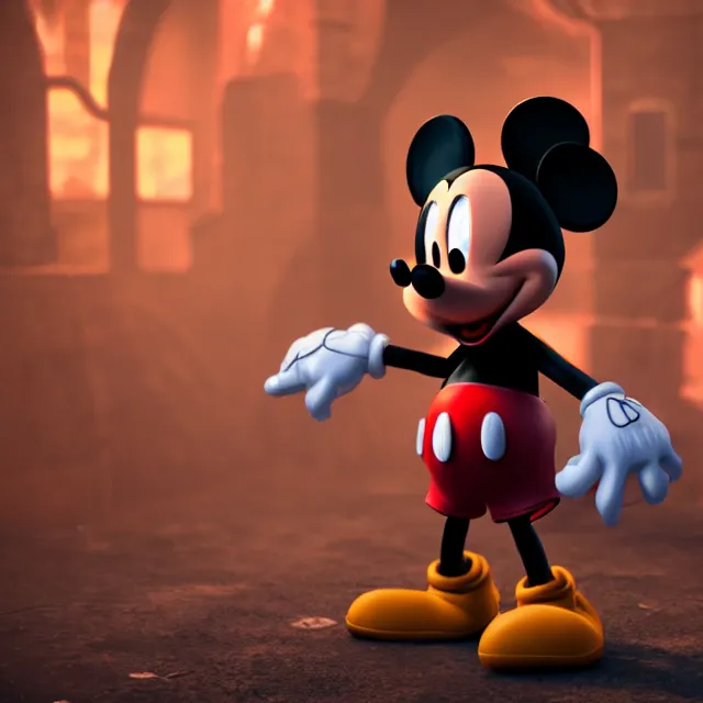 Prompt: ultra realistic mickey mouse wearing heavy armour and machine guns, dark cinematic, volumetric, realistic, 3 d render, realistic render, cinematic lighting, volumetric lighting, atmospheric, cinematic, unreal engine 5, unreal engine render, octane render, hd, photorealism, hyper realistic, photo, 8 k