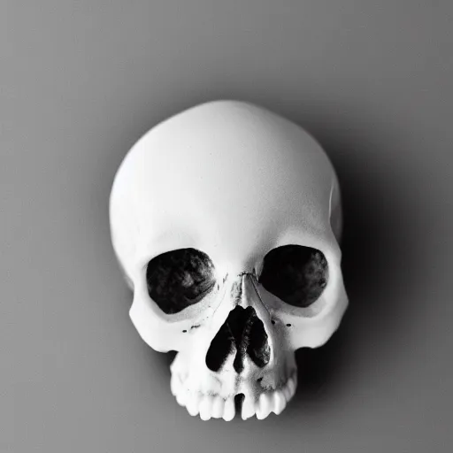 Image similar to a tiny, pristine white human Skull, plain black background, close-up macro photography, bokeh, shallow focus