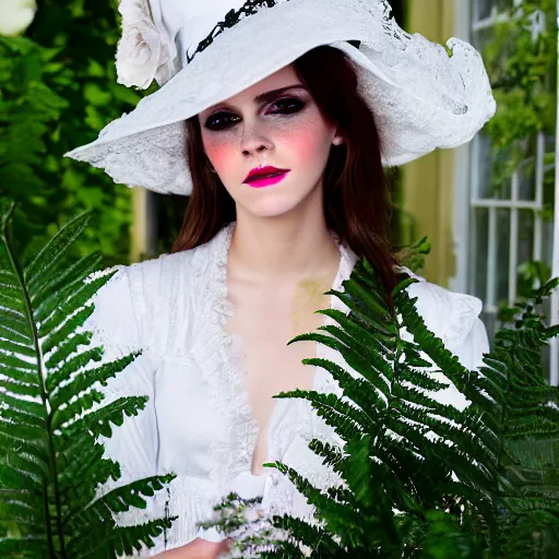 Image similar to wearing raybands wall full body fashion model emma watson smokey eyes makeup eye shadow fantasy, glow, shimmer as victorian woman in a long white frilly lace dress and a large white hat having tea in a sunroom filled with flowers, roses and lush fern flowers ,intricate, night, highly detailed, dramatic lighting , high quality