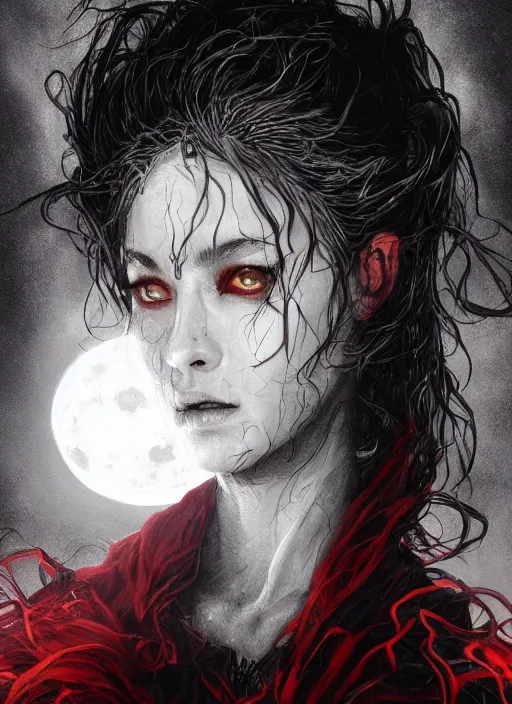 Prompt: portrait, A witch in front of the full big moon, book cover, red white and black colors, dramatic lighting, cinematic, establishing shot, extremly high detail, foto realistic, cinematic lighting, intricate line drawings, by Yoshitaka Amano, Ruan Jia, Kentaro Miura, Artgerm, post processed, concept art, artstation, matte painting, style by eddie mendoza, raphael lacoste, alex ross