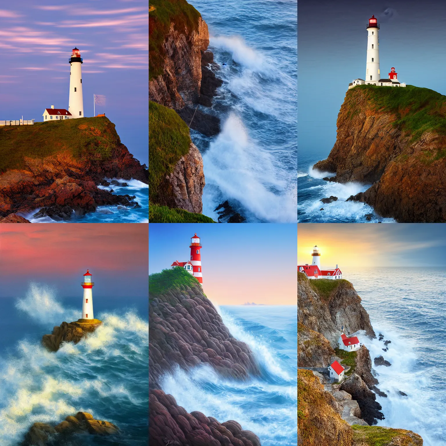 Prompt: lighthouse on a cliff with crashing waves, classic realism, blue hour