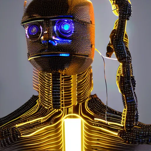 Image similar to humanoid robot with visible wires circuit boards small lights, 4 k, ray tracing, gunther von hagen