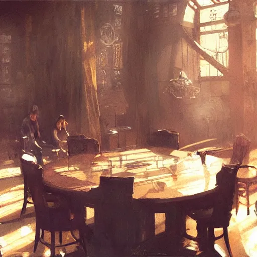 Image similar to the illumatis all sitting at a table, serious, eerie, a single sunbeam coming from the roof, dust illuminated by the sunbeam, serious, lush, vintage decor, craig mullins