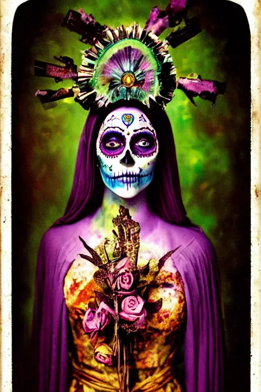 Image similar to color separation process, tintype virgin mary in dia de muertos dress and make up, horrific beautiful vibe, evocative, atmospheric lighting, painted, intricate, highly detailed, leesha hannigan, wayne haag, reyna rochin, ignacio fernandez rios, mark ryden, iris van herpen, stunning, gorgeous, sharp focus, cinematic, masterpiece