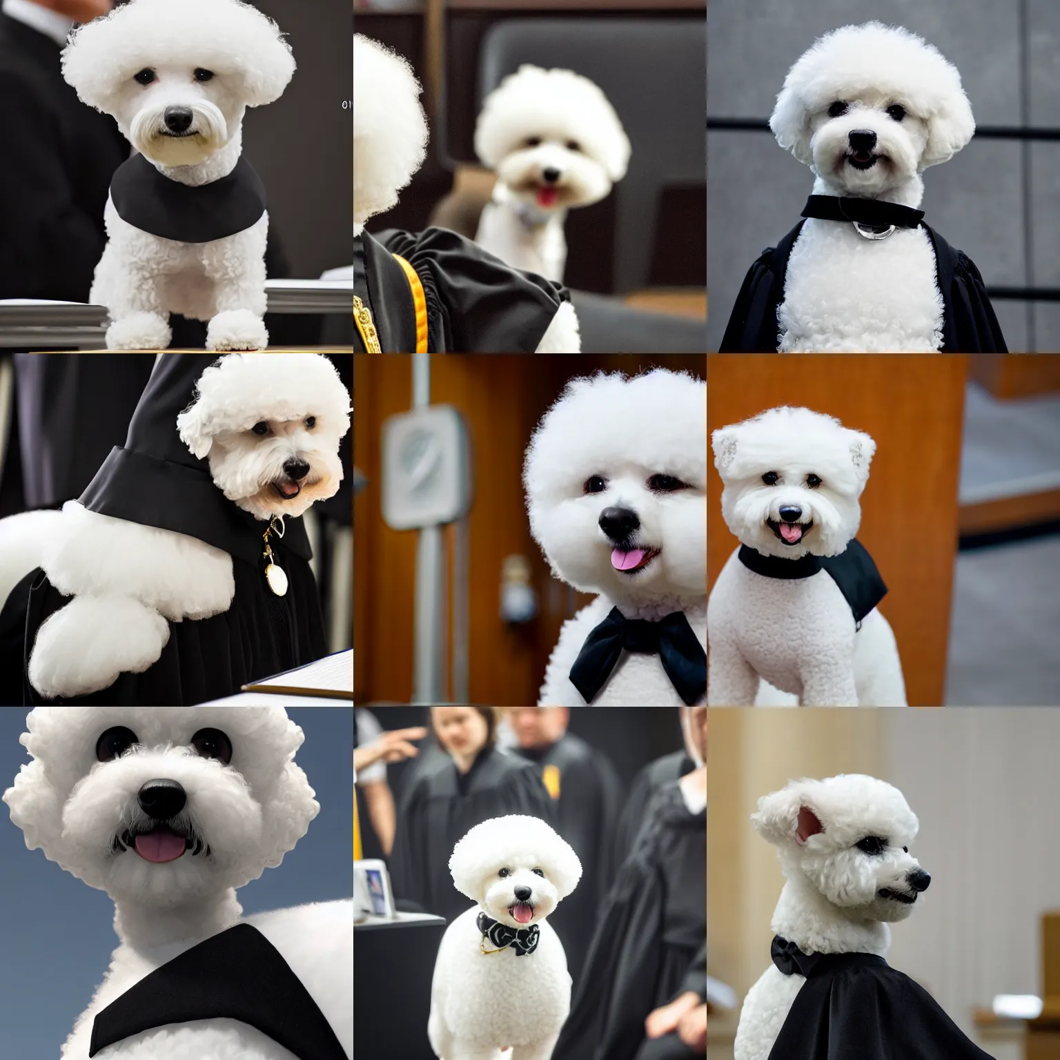 Prompt: a closeup photorealistic photograph of a cute smiling white bichon frise judge wearing a black gown and addressing the courthouse. this 4 k hd image is trending on artstation, featured on behance, well - rendered, extra crisp, features intricate detail, epic composition and the style of unreal engine.